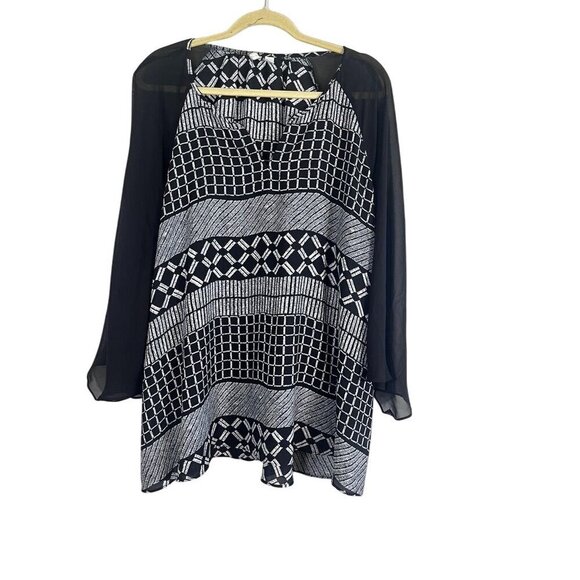 Cato Top Women 26 Black Pullover Tunic Neutral Minimalist Checks Boho Western - Picture 1 of 10